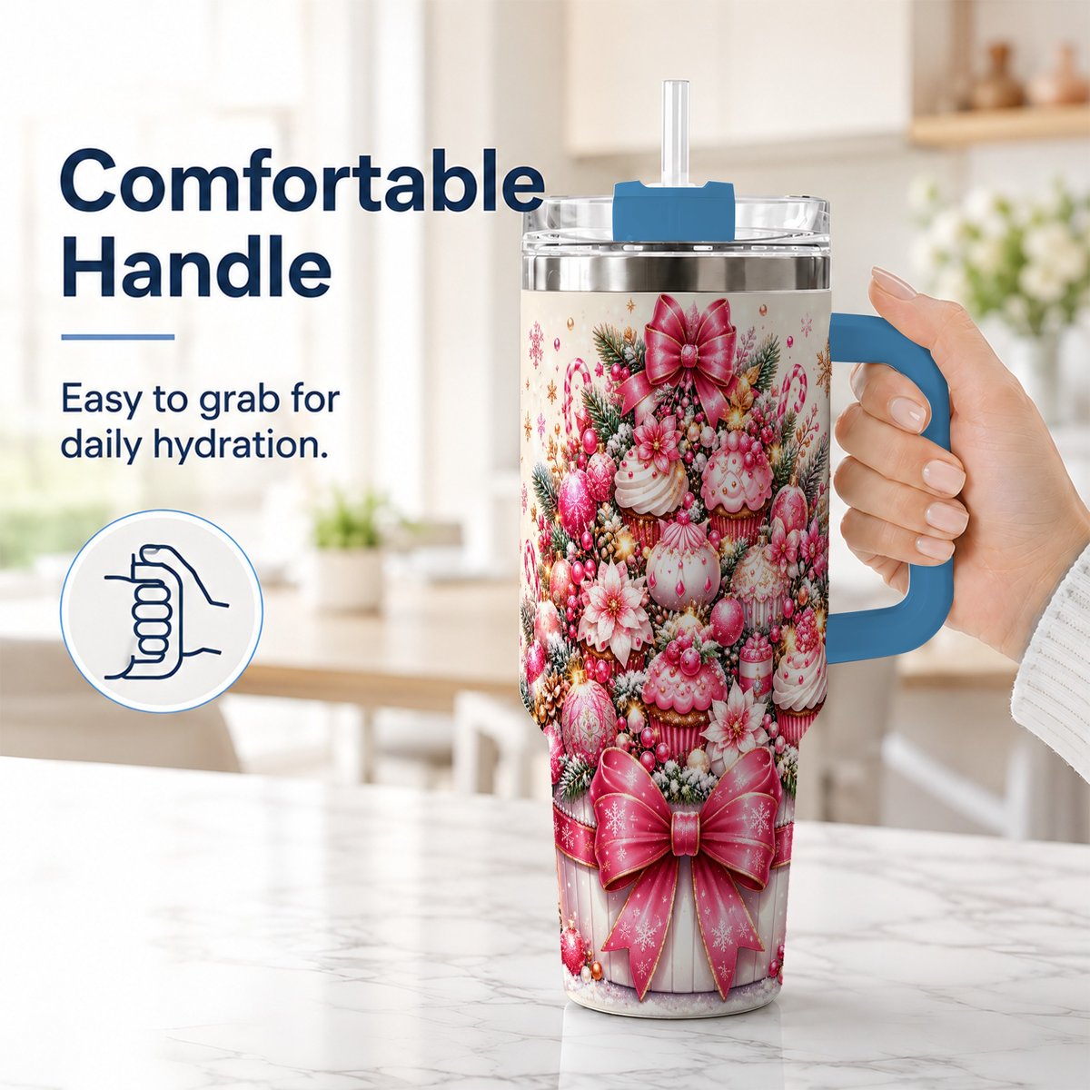#pl[Blue] Pink Christmas Cupcakes 40oz Tumbler with Handle, Holiday Treats