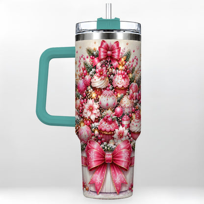 #pl[Green] Pink Christmas Cupcakes 40oz Tumbler with Handle, Holiday Treats