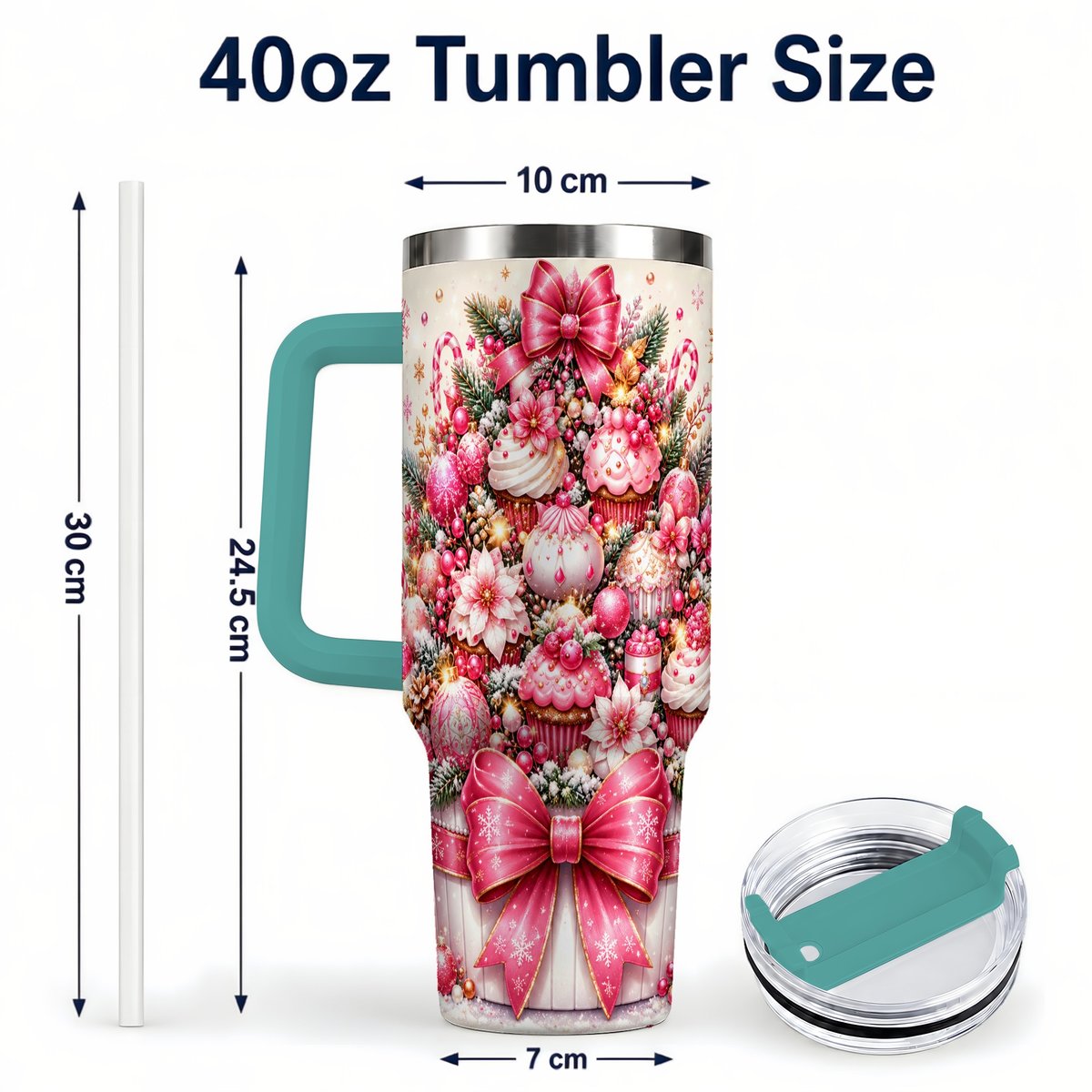#pl[Green] Pink Christmas Cupcakes 40oz Tumbler with Handle, Holiday Treats