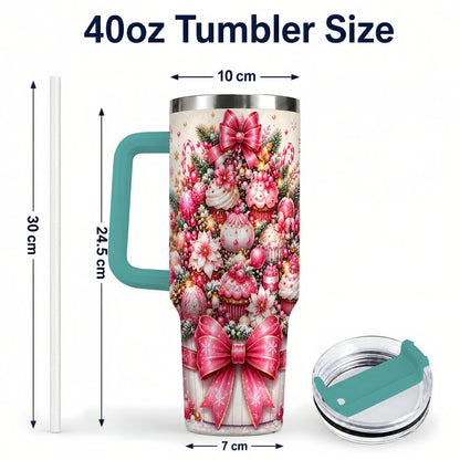 #pl[Green] Pink Christmas Cupcakes 40oz Tumbler with Handle, Holiday Treats