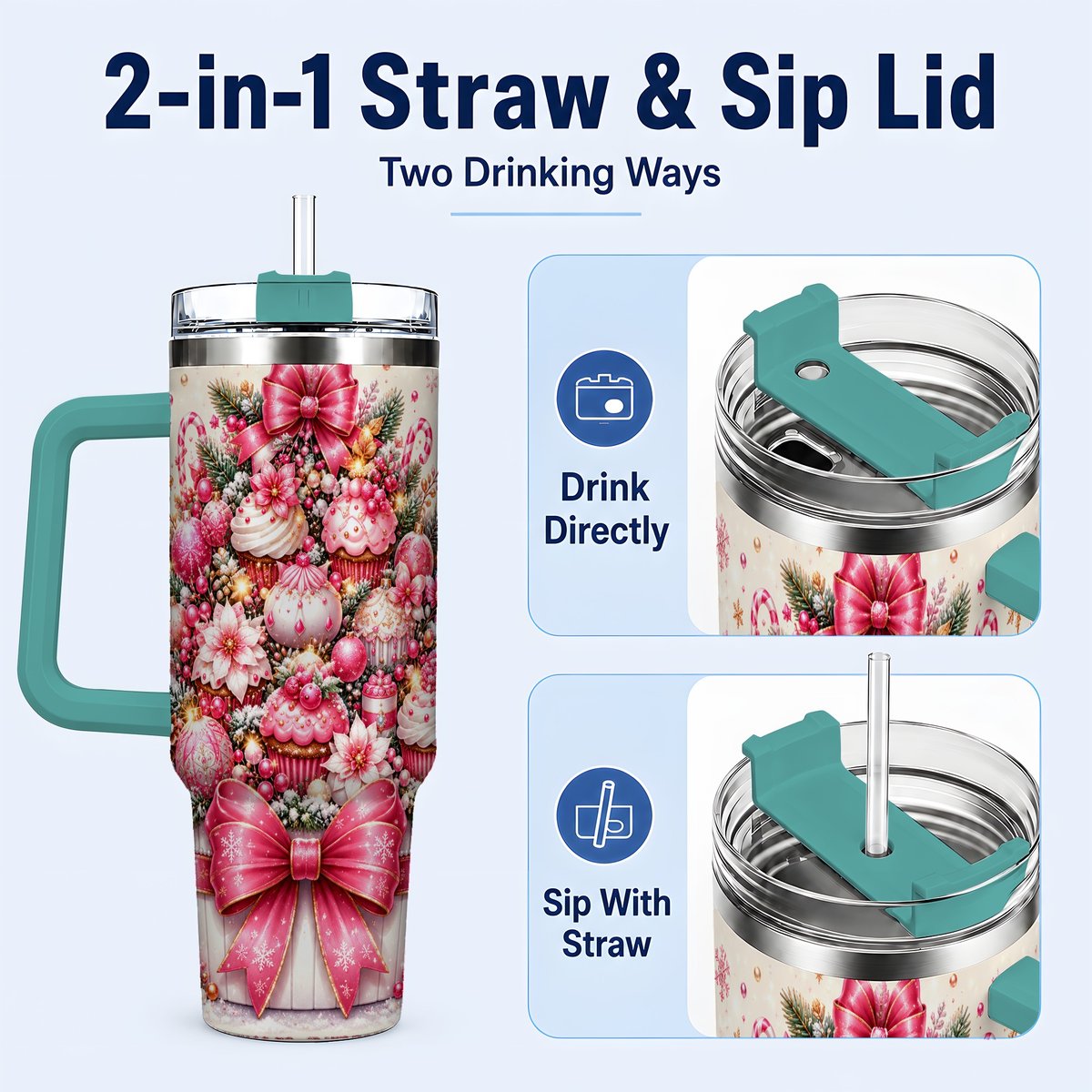 #pl[Green] Pink Christmas Cupcakes 40oz Tumbler with Handle, Holiday Treats