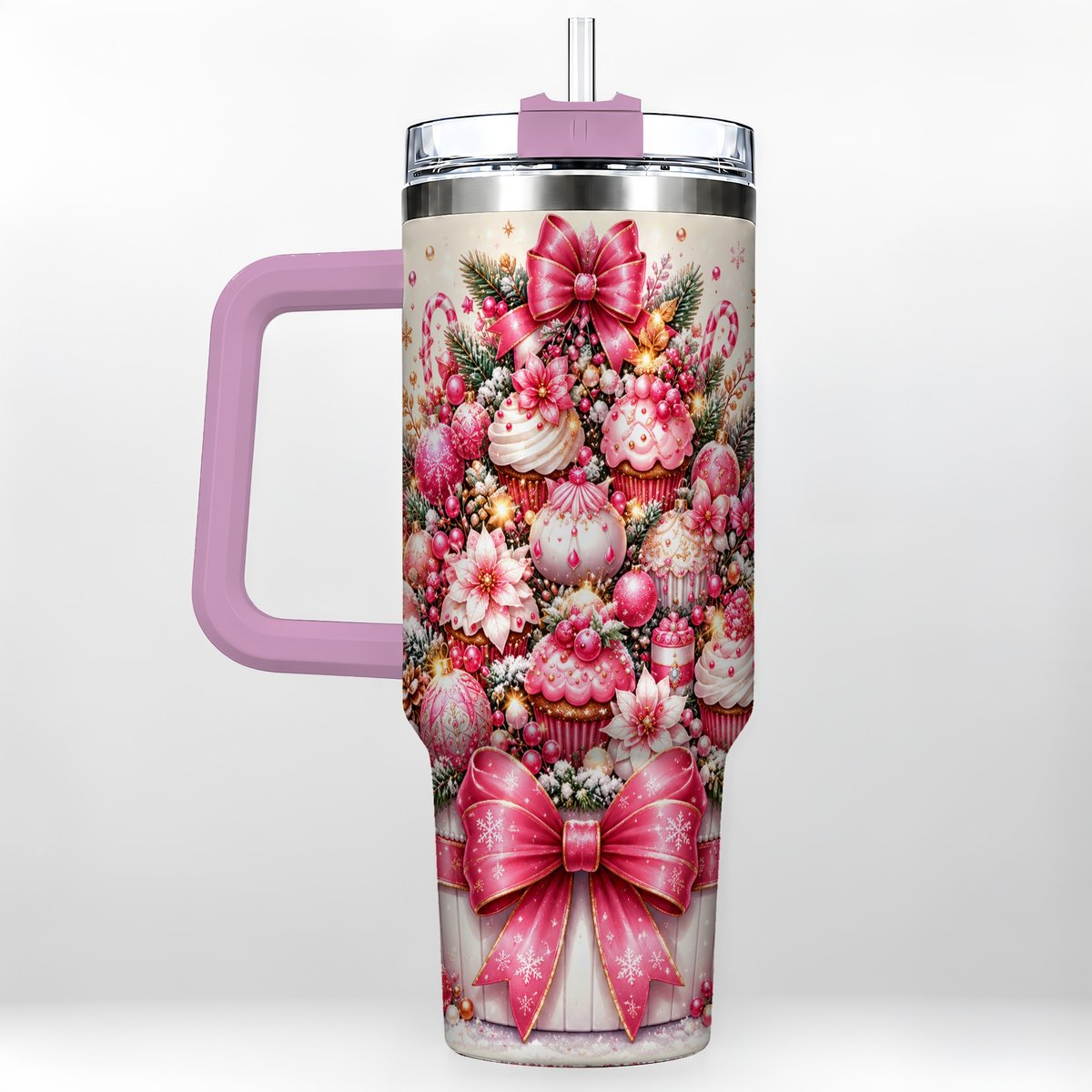 #pl[Pink] Pink Christmas Cupcakes 40oz Tumbler with Handle, Holiday Treats