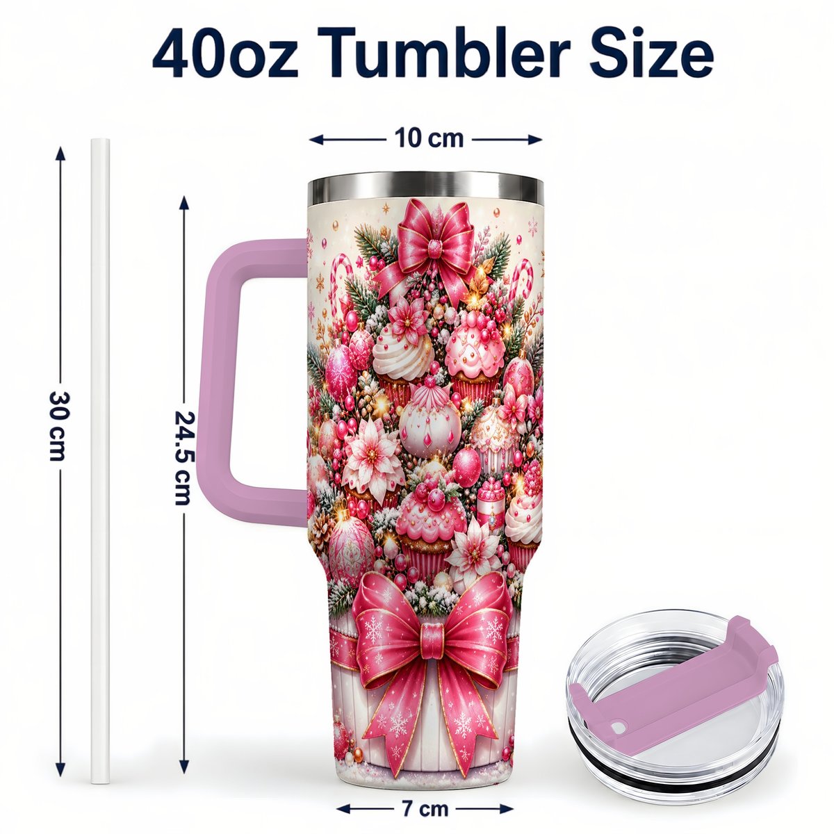 #pl[Pink] Pink Christmas Cupcakes 40oz Tumbler with Handle, Holiday Treats