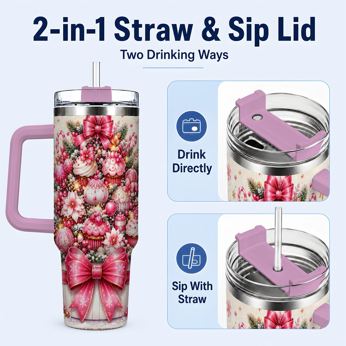 #pl[Pink] Pink Christmas Cupcakes 40oz Tumbler with Handle, Holiday Treats