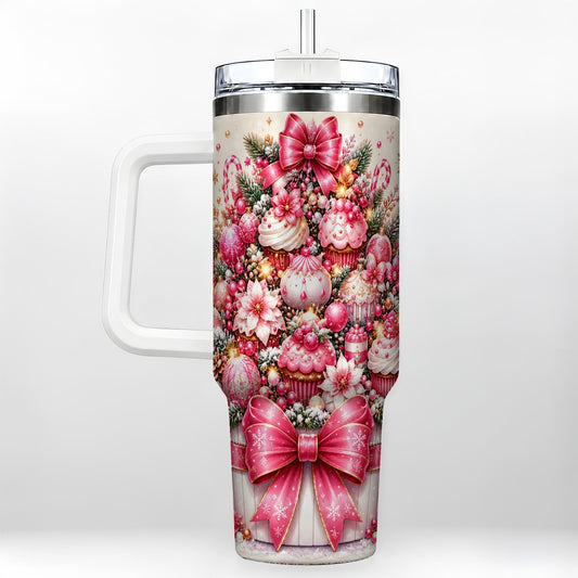 Pink Christmas Cupcakes 40oz Tumbler with Handle, Holiday Treats