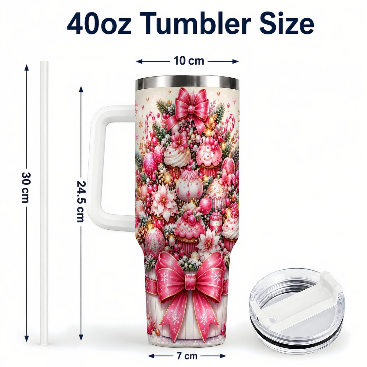 #pl[White] Pink Christmas Cupcakes 40oz Tumbler with Handle, Holiday Treats