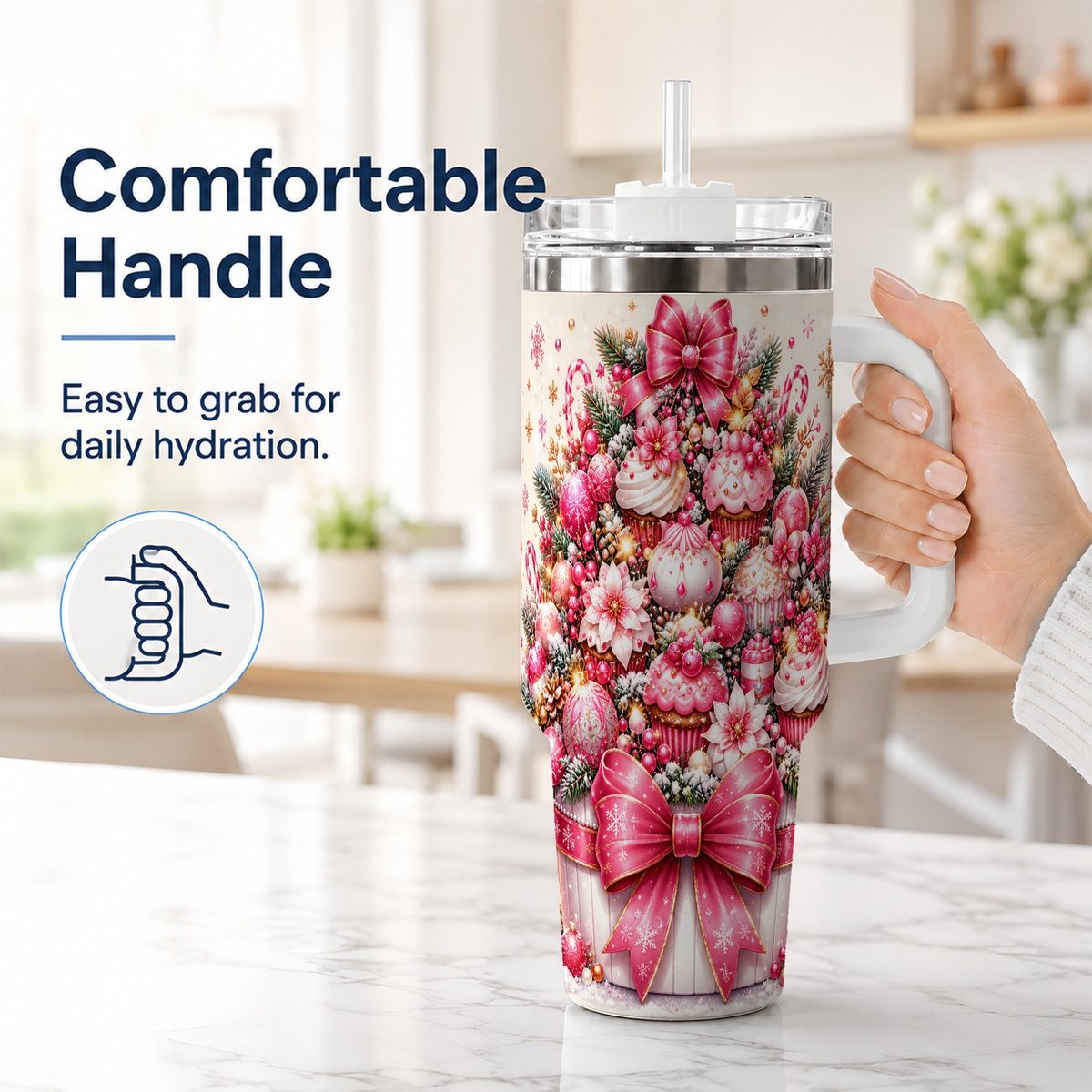 #pl[White] Pink Christmas Cupcakes 40oz Tumbler with Handle, Holiday Treats