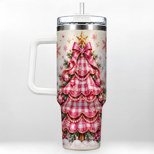 Pink Plaid Christmas Tree 40oz Tumbler with Handle, Festive Art