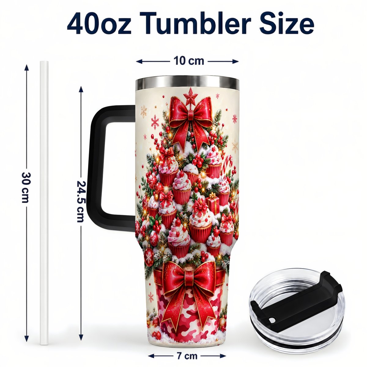 #pl[Black] Christmas Cupcake Tree 40oz Tumbler with Handle, Holiday Baking Art