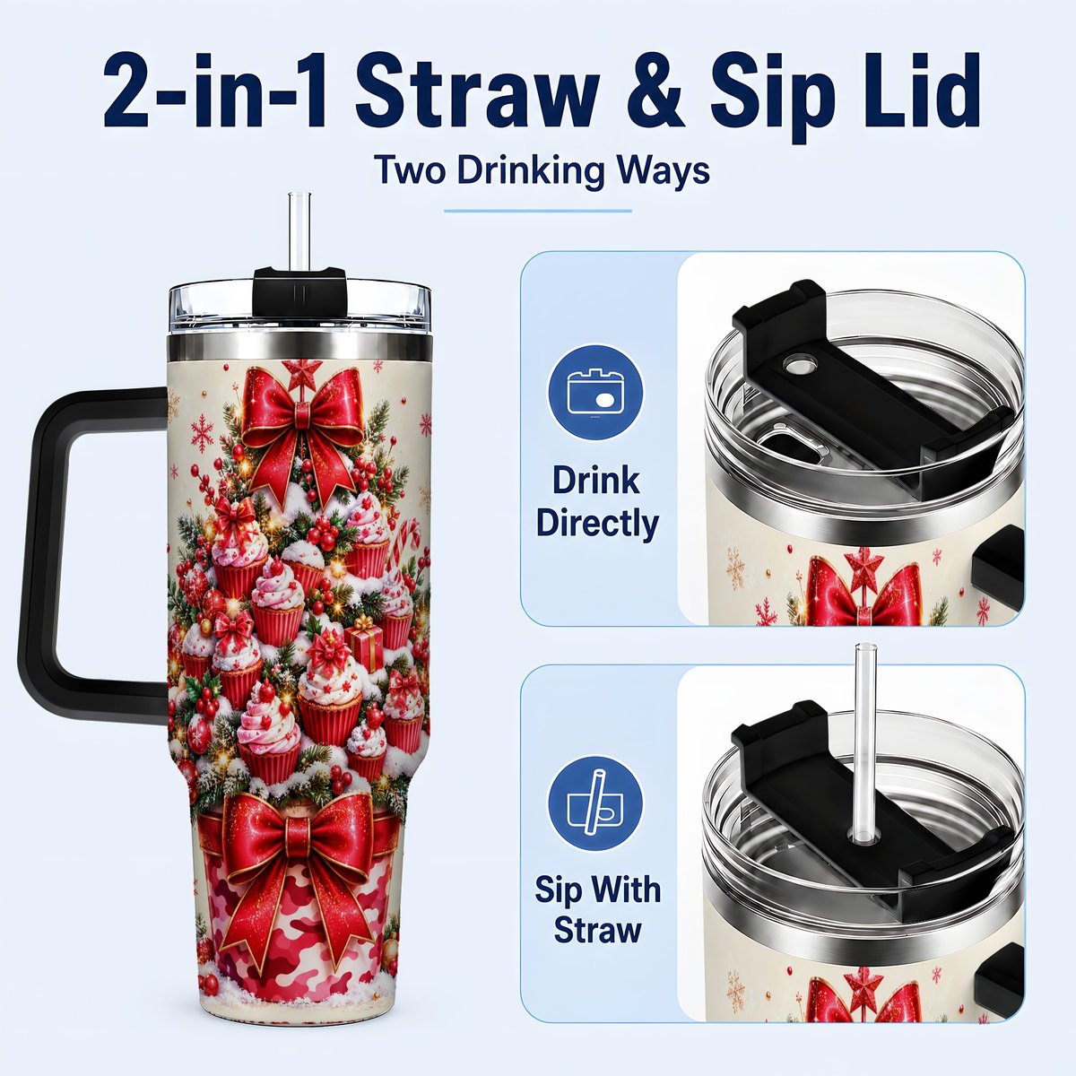 #pl[Black] Christmas Cupcake Tree 40oz Tumbler with Handle, Holiday Baking Art