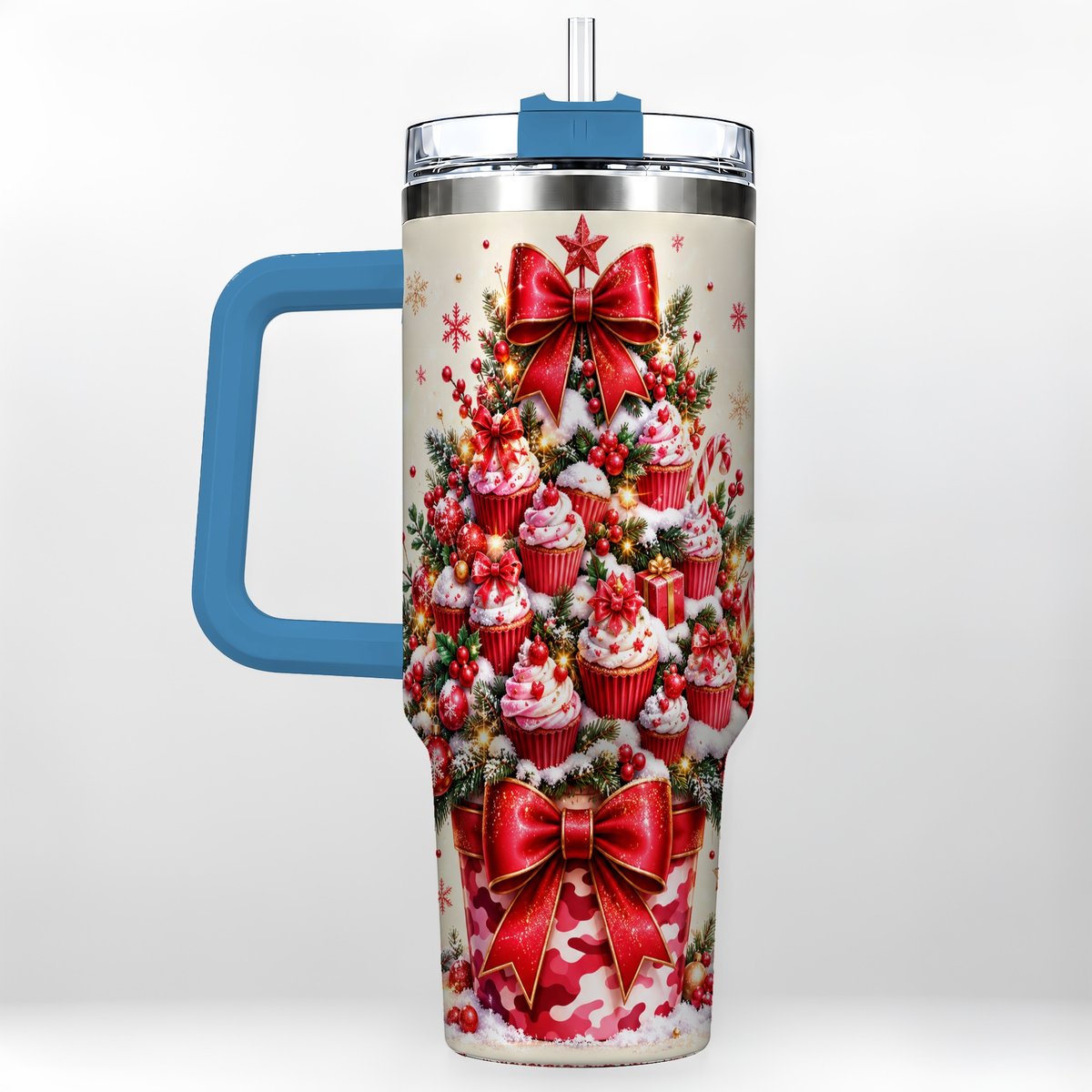 #pl[Blue] Christmas Cupcake Tree 40oz Tumbler with Handle, Holiday Baking Art