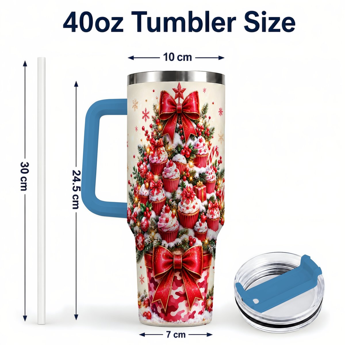 #pl[Blue] Christmas Cupcake Tree 40oz Tumbler with Handle, Holiday Baking Art