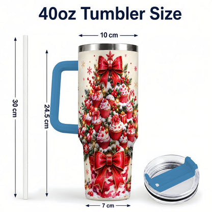 #pl[Blue] Christmas Cupcake Tree 40oz Tumbler with Handle, Holiday Baking Art