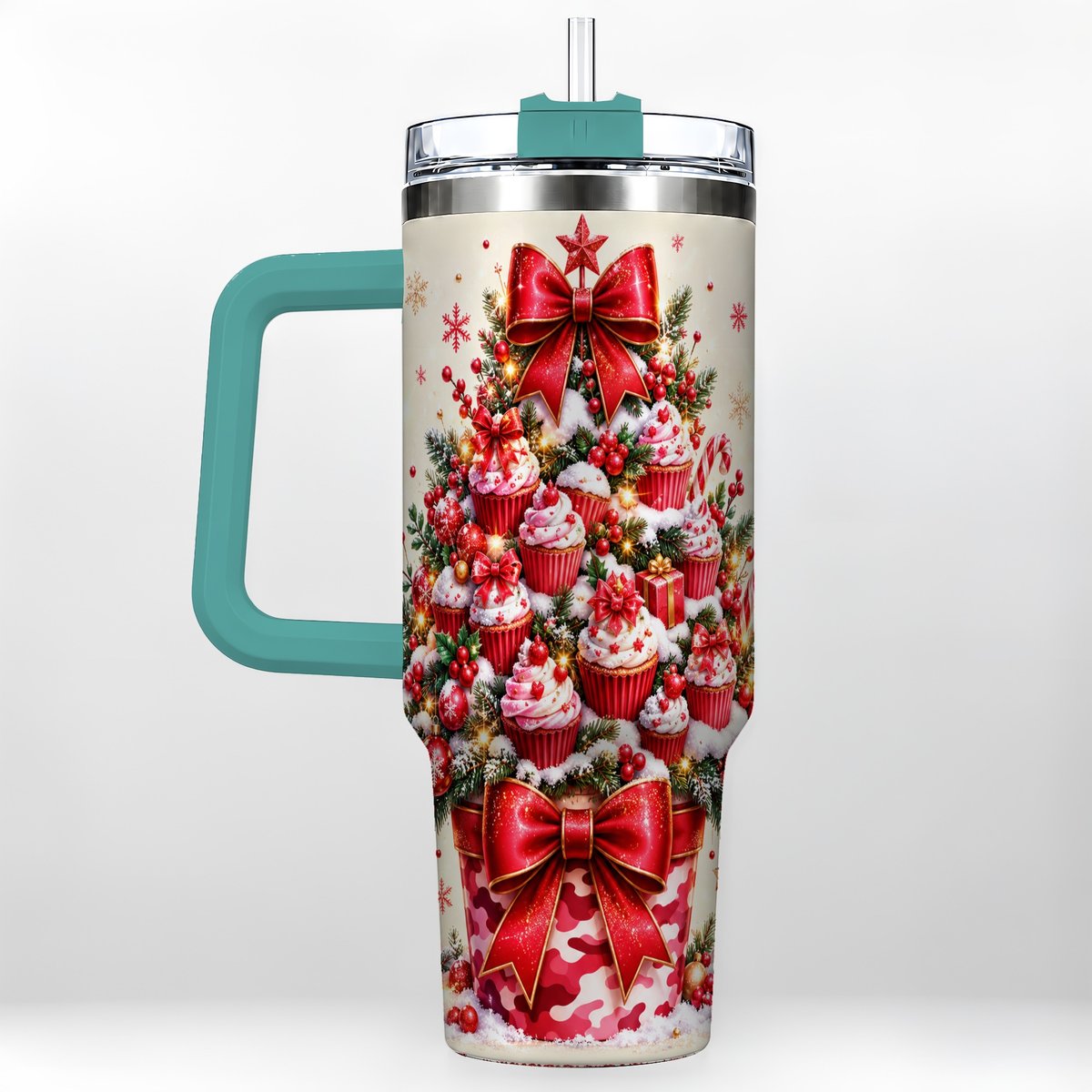 #pl[Green] Christmas Cupcake Tree 40oz Tumbler with Handle, Holiday Baking Art