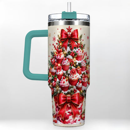 #pl[Green] Christmas Cupcake Tree 40oz Tumbler with Handle, Holiday Baking Art