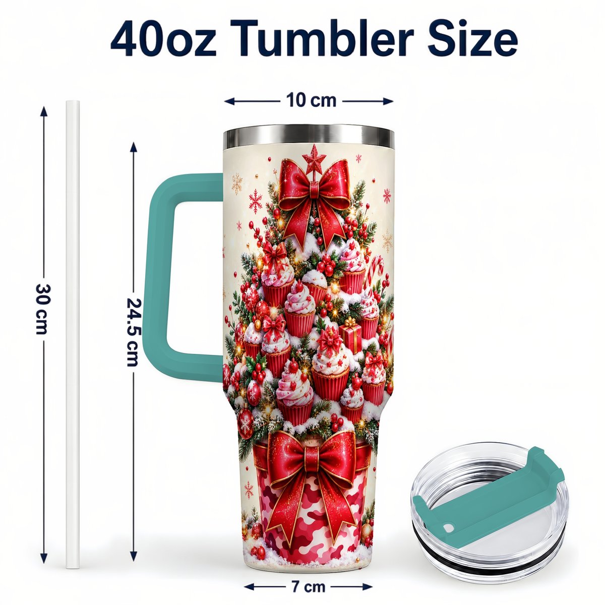 #pl[Green] Christmas Cupcake Tree 40oz Tumbler with Handle, Holiday Baking Art