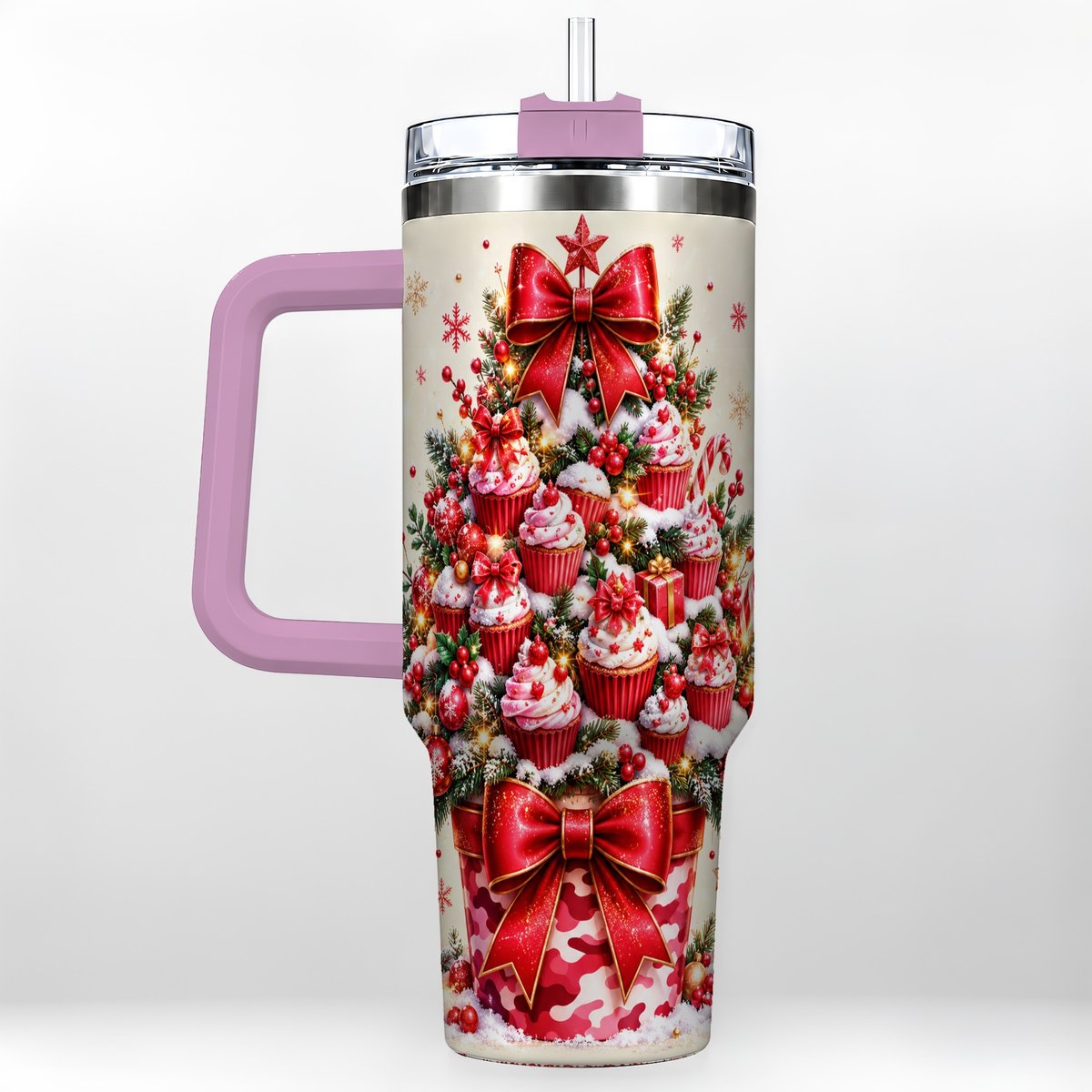 #pl[Pink] Christmas Cupcake Tree 40oz Tumbler with Handle, Holiday Baking Art