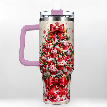 #pl[Pink] Christmas Cupcake Tree 40oz Tumbler with Handle, Holiday Baking Art