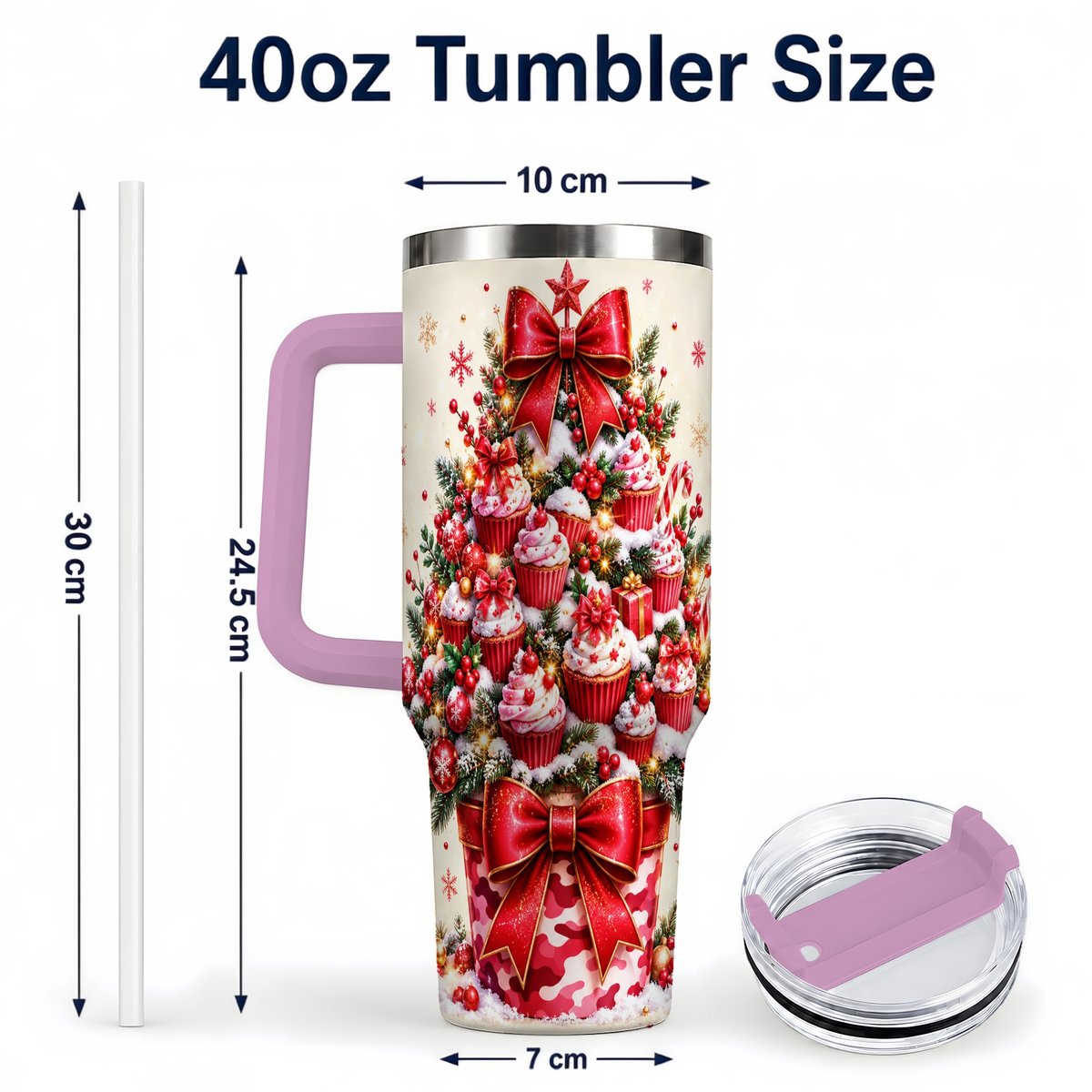 #pl[Pink] Christmas Cupcake Tree 40oz Tumbler with Handle, Holiday Baking Art