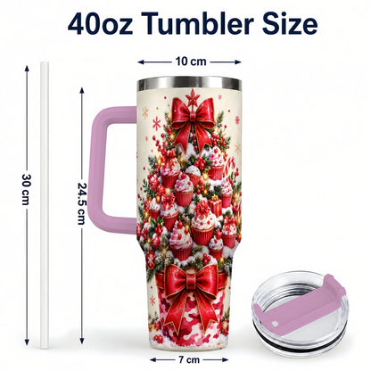 #pl[Pink] Christmas Cupcake Tree 40oz Tumbler with Handle, Holiday Baking Art