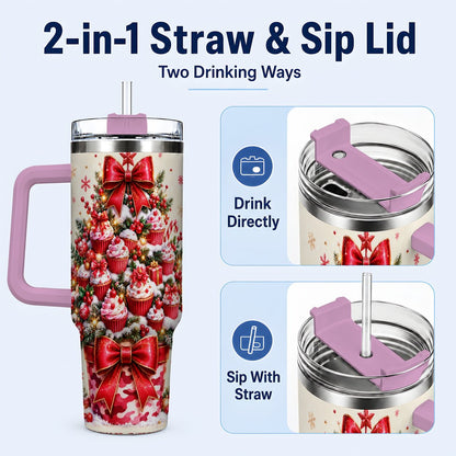 #pl[Pink] Christmas Cupcake Tree 40oz Tumbler with Handle, Holiday Baking Art