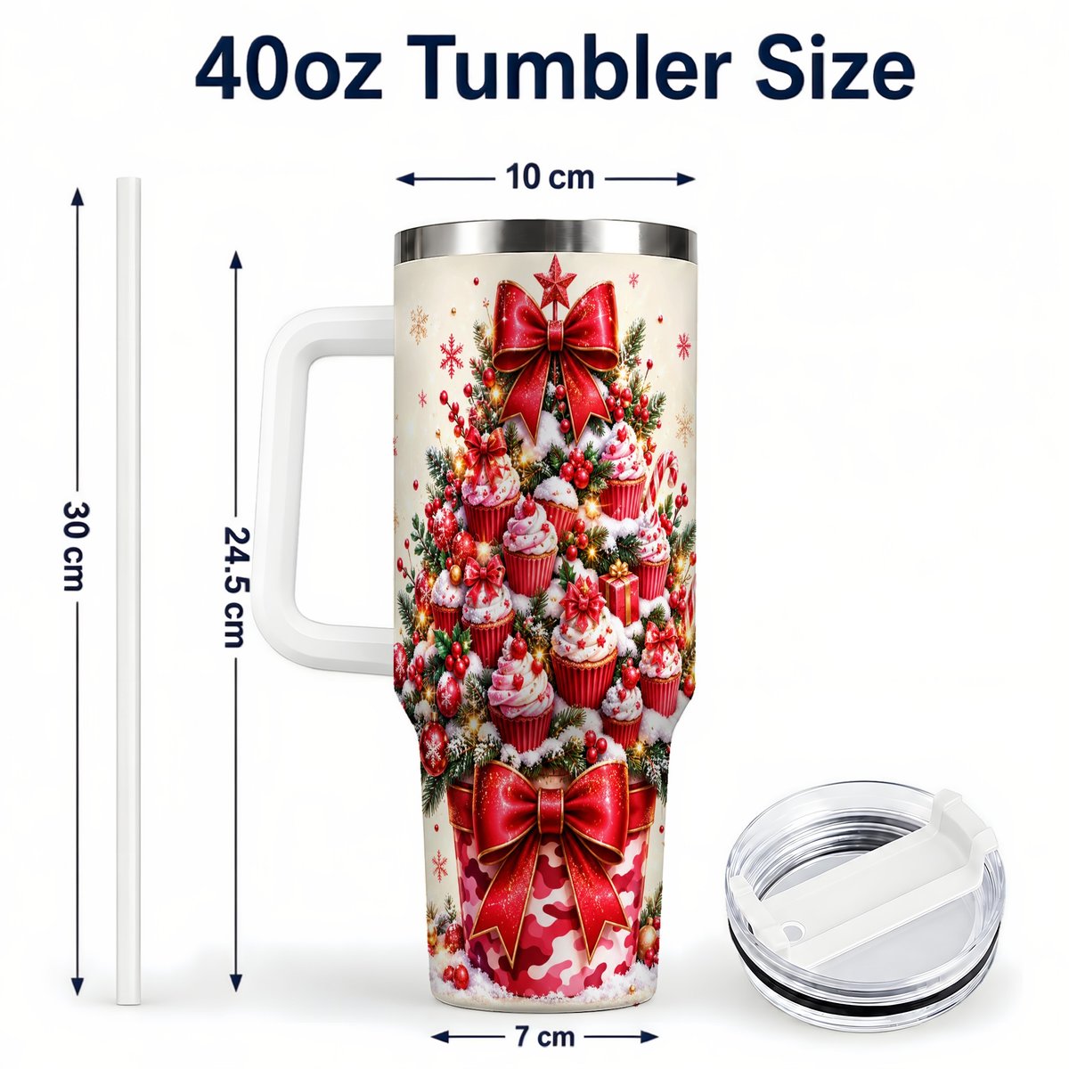 #pl[White] Christmas Cupcake Tree 40oz Tumbler with Handle, Holiday Baking Art