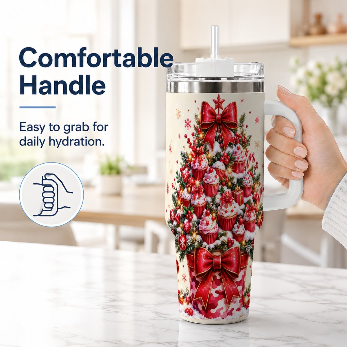 #pl[White] Christmas Cupcake Tree 40oz Tumbler with Handle, Holiday Baking Art