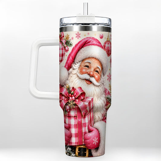 Pink Santa Claus 40oz Tumbler with Handle, Gingham Christmas Art