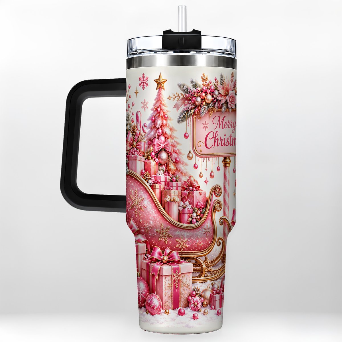 #pl[Black] Pink Christmas Sleigh 40oz Tumbler with Handle, Festive Floral Art