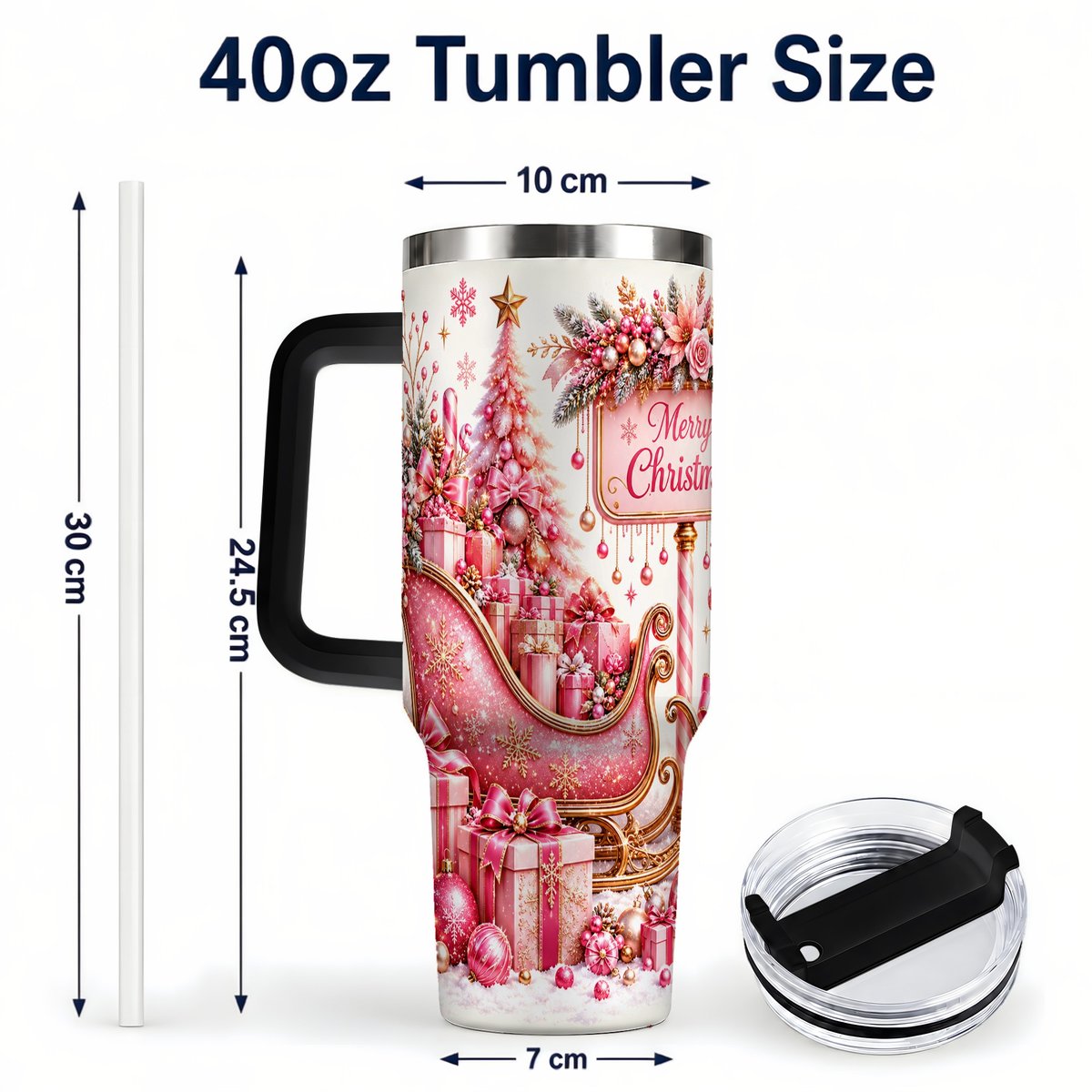 #pl[Black] Pink Christmas Sleigh 40oz Tumbler with Handle, Festive Floral Art
