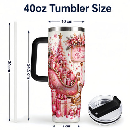 #pl[Black] Pink Christmas Sleigh 40oz Tumbler with Handle, Festive Floral Art