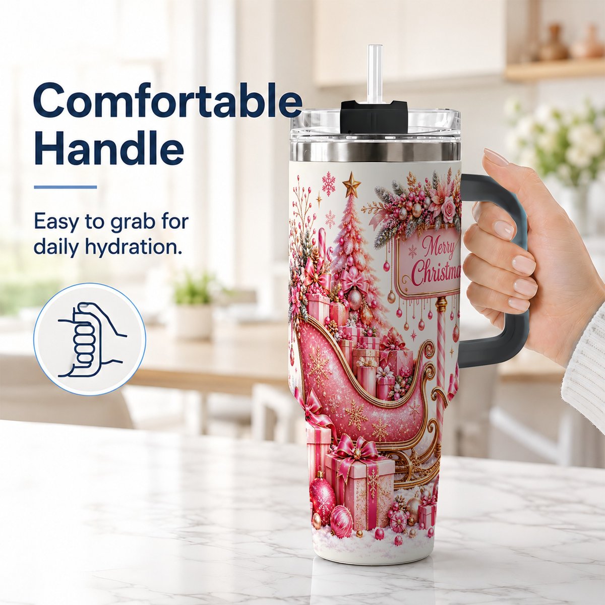 #pl[Black] Pink Christmas Sleigh 40oz Tumbler with Handle, Festive Floral Art