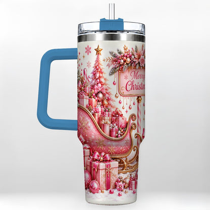 #pl[Blue] Pink Christmas Sleigh 40oz Tumbler with Handle, Festive Floral Art