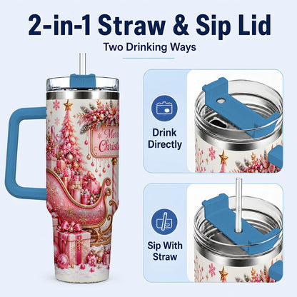 #pl[Blue] Pink Christmas Sleigh 40oz Tumbler with Handle, Festive Floral Art