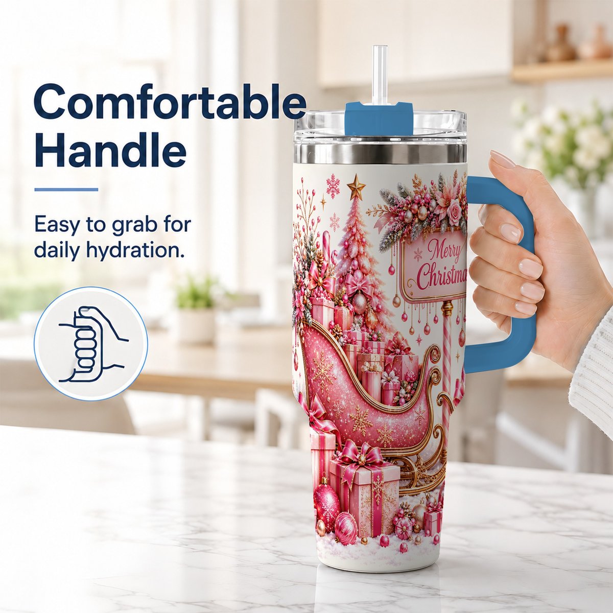 #pl[Blue] Pink Christmas Sleigh 40oz Tumbler with Handle, Festive Floral Art