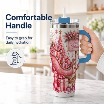 #pl[Blue] Pink Christmas Sleigh 40oz Tumbler with Handle, Festive Floral Art