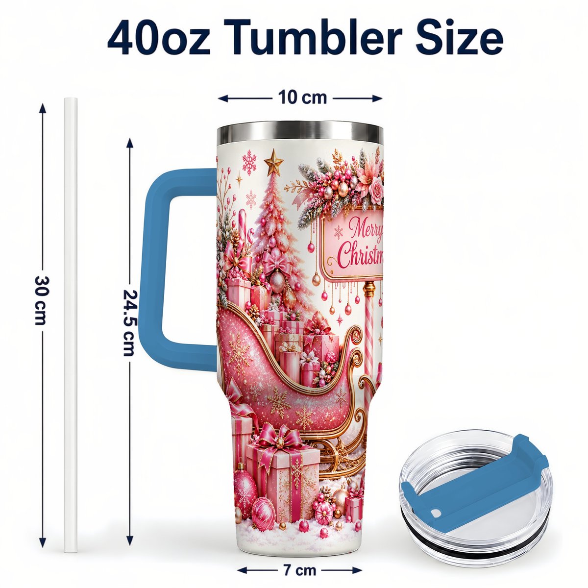 #pl[Blue] Pink Christmas Sleigh 40oz Tumbler with Handle, Festive Floral Art