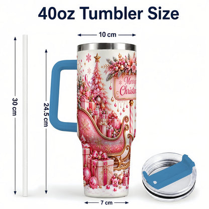 #pl[Blue] Pink Christmas Sleigh 40oz Tumbler with Handle, Festive Floral Art