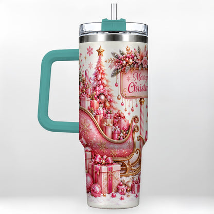#pl[Green] Pink Christmas Sleigh 40oz Tumbler with Handle, Festive Floral Art