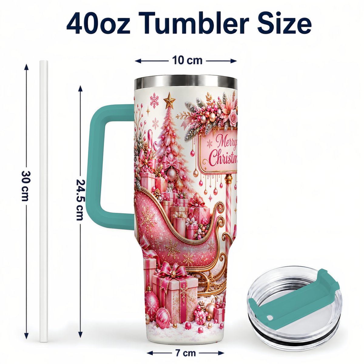 #pl[Green] Pink Christmas Sleigh 40oz Tumbler with Handle, Festive Floral Art
