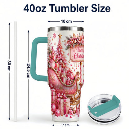 #pl[Green] Pink Christmas Sleigh 40oz Tumbler with Handle, Festive Floral Art