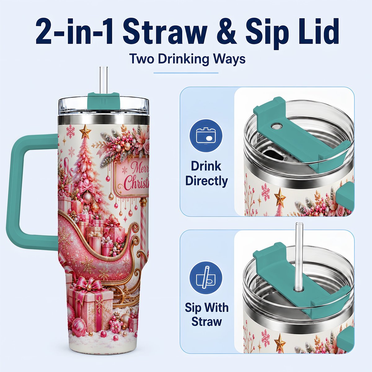 #pl[Green] Pink Christmas Sleigh 40oz Tumbler with Handle, Festive Floral Art