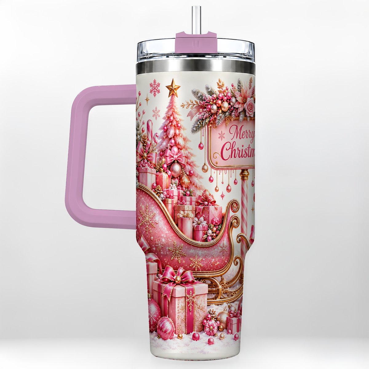#pl[Pink] Pink Christmas Sleigh 40oz Tumbler with Handle, Festive Floral Art