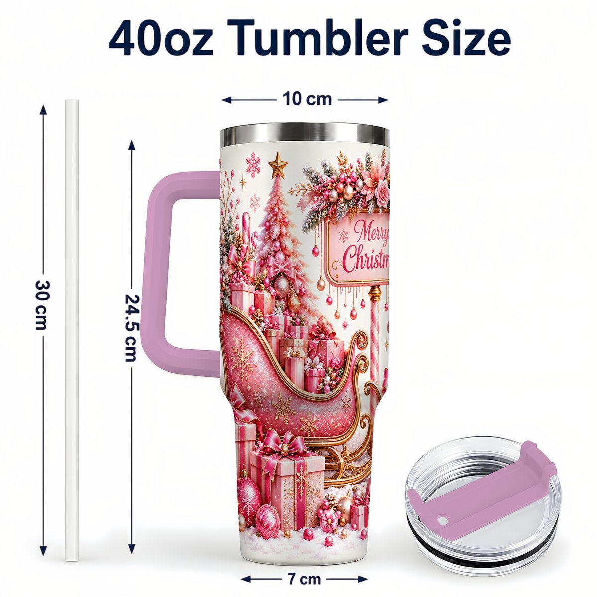 #pl[Pink] Pink Christmas Sleigh 40oz Tumbler with Handle, Festive Floral Art