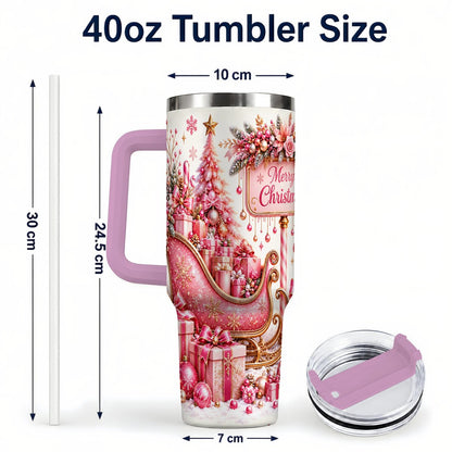 #pl[Pink] Pink Christmas Sleigh 40oz Tumbler with Handle, Festive Floral Art