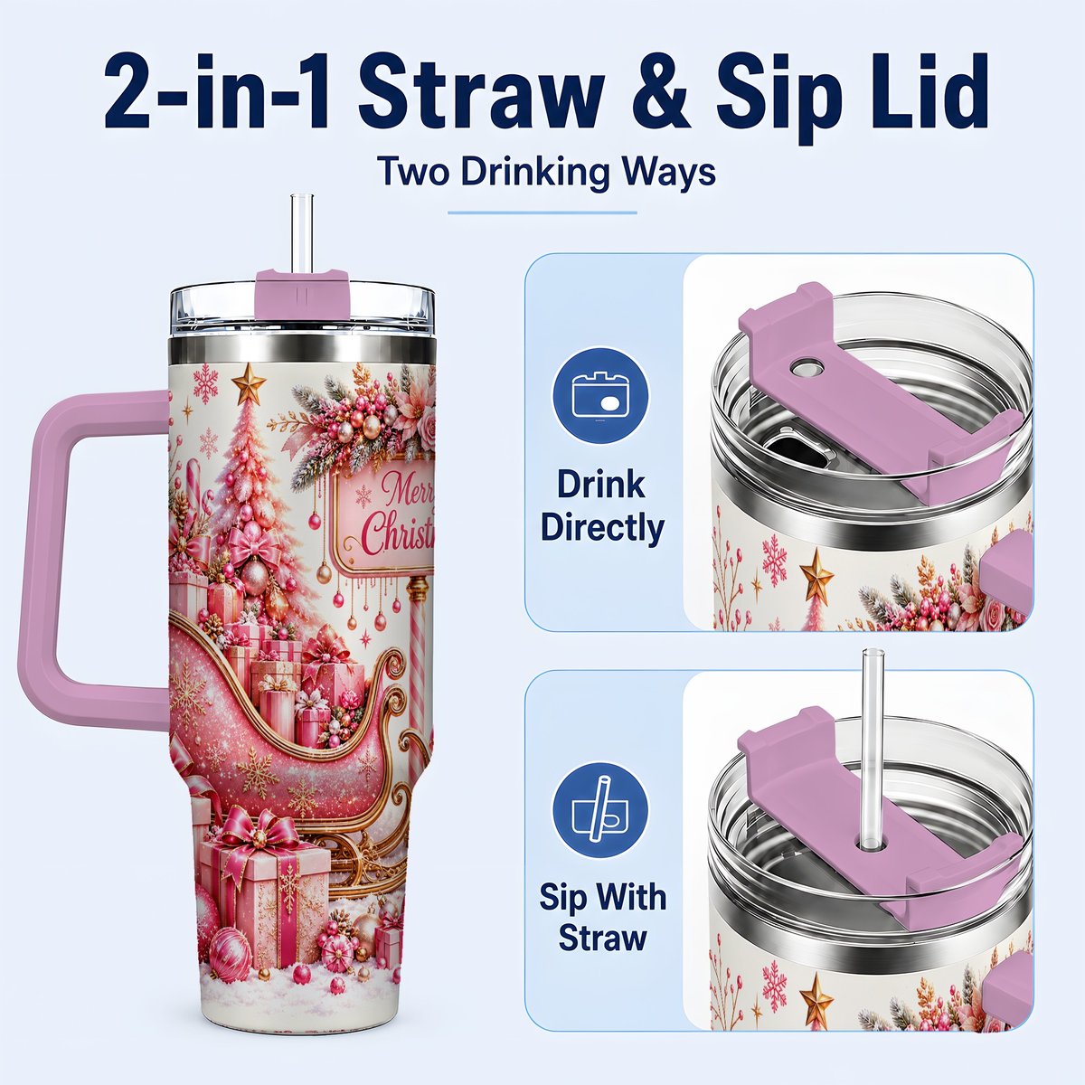#pl[Pink] Pink Christmas Sleigh 40oz Tumbler with Handle, Festive Floral Art