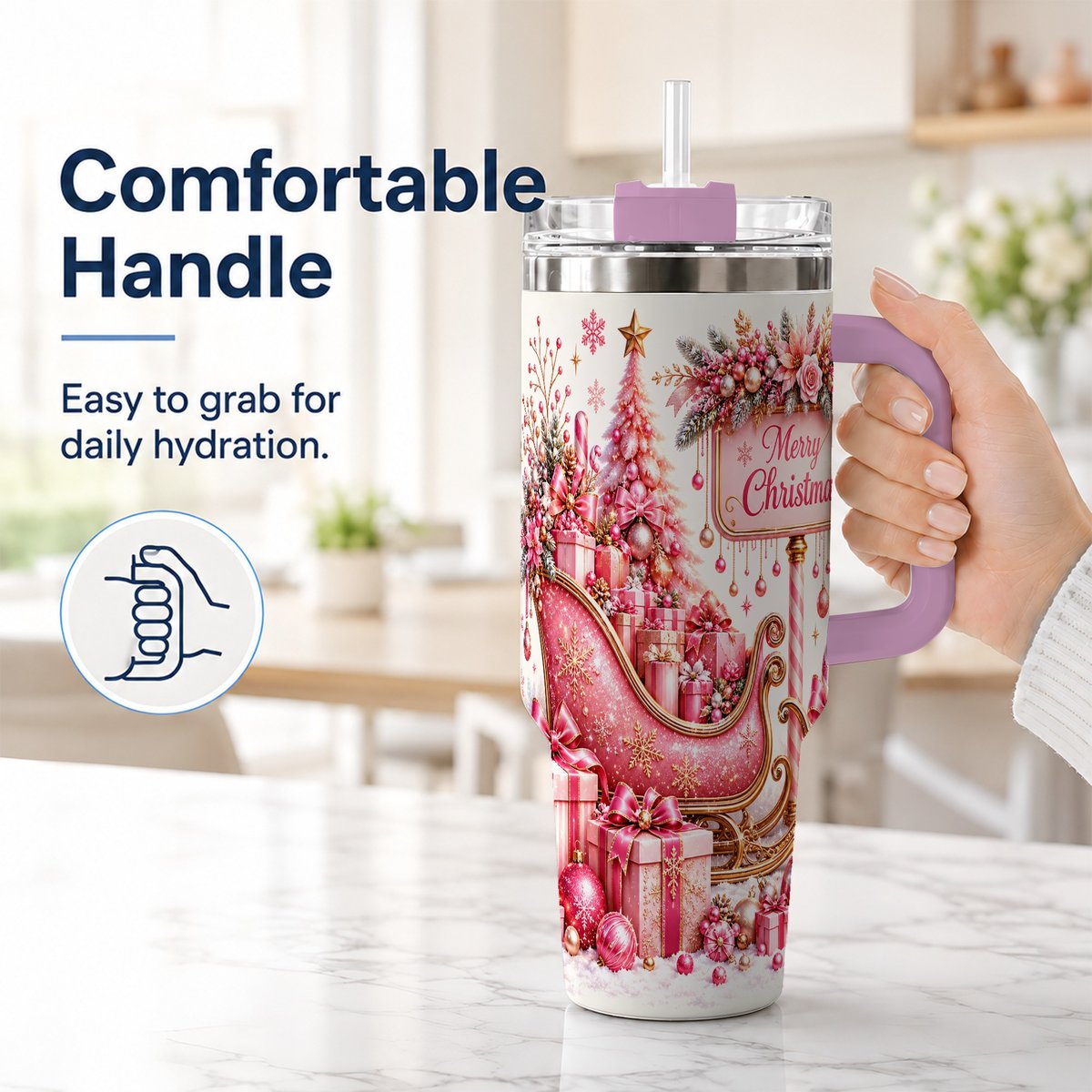 #pl[Pink] Pink Christmas Sleigh 40oz Tumbler with Handle, Festive Floral Art