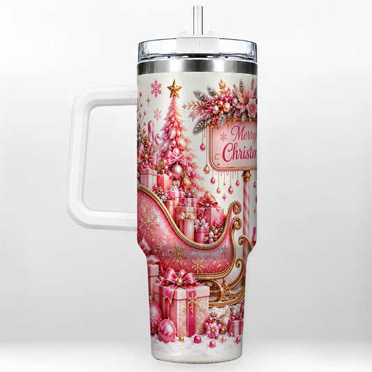 Pink Christmas Sleigh 40oz Tumbler with Handle, Festive Floral Art