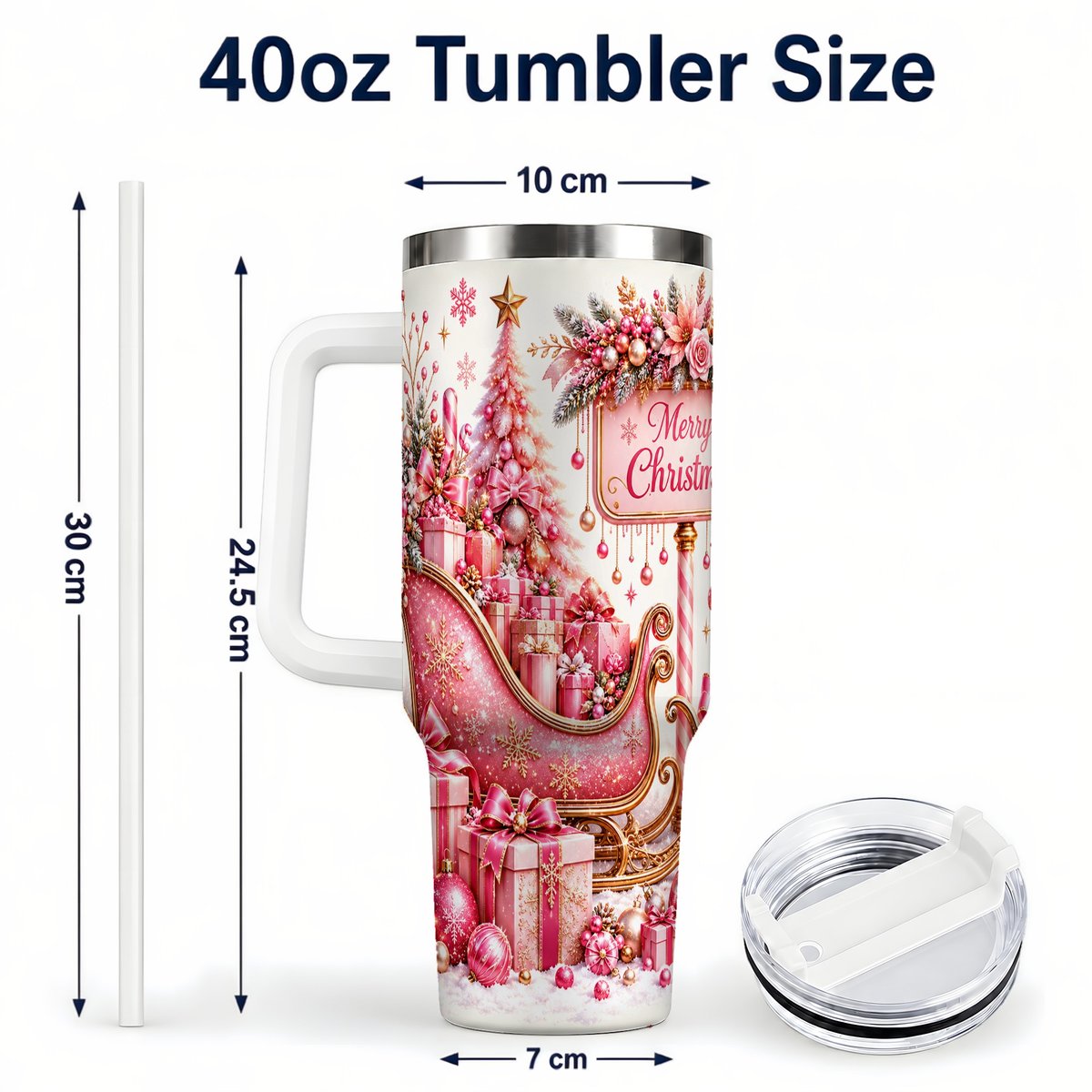 #pl[White] Pink Christmas Sleigh 40oz Tumbler with Handle, Festive Floral Art