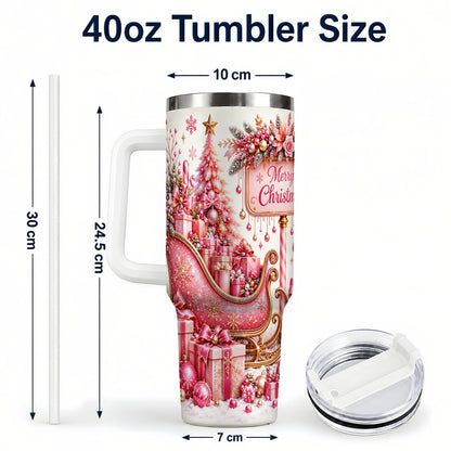 #pl[White] Pink Christmas Sleigh 40oz Tumbler with Handle, Festive Floral Art